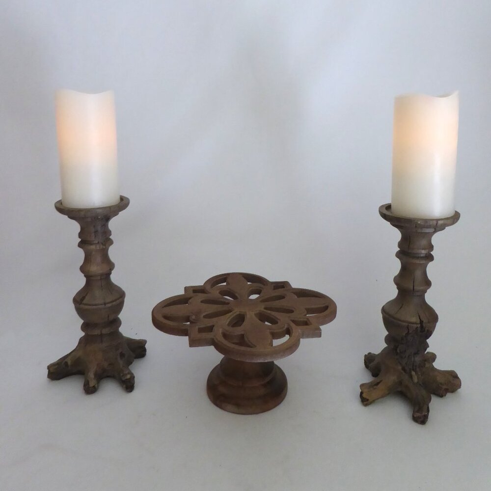 NEW RUSTIC FARMHOUSE COUNTRY WOOD TRAY CAKE STAND PEDESTAL TREE BRANCH CANDLES